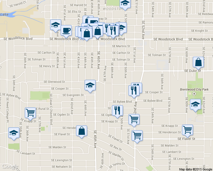 map of restaurants, bars, coffee shops, grocery stores, and more near 6704 Southeast 47th Avenue in Portland