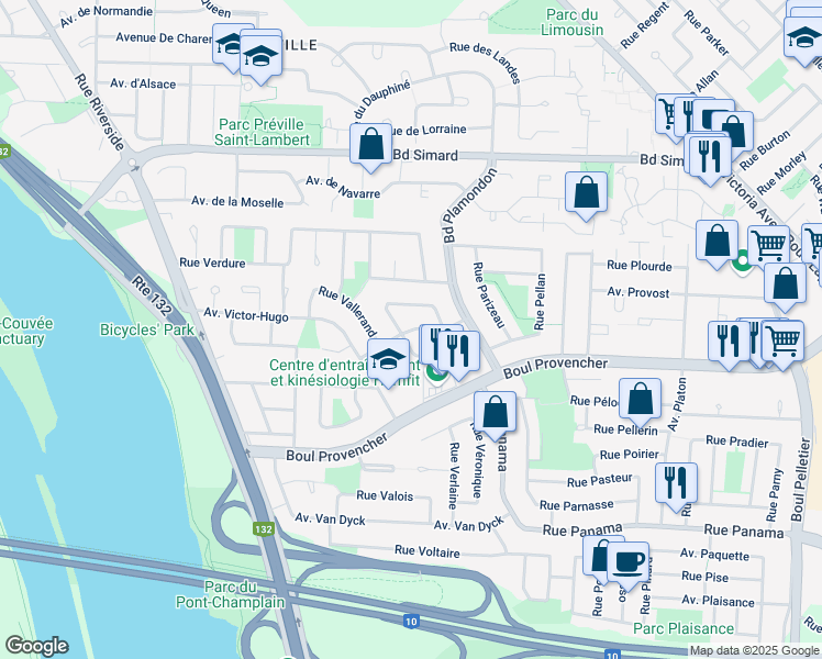 map of restaurants, bars, coffee shops, grocery stores, and more near Avenue Ponsard in Brossard