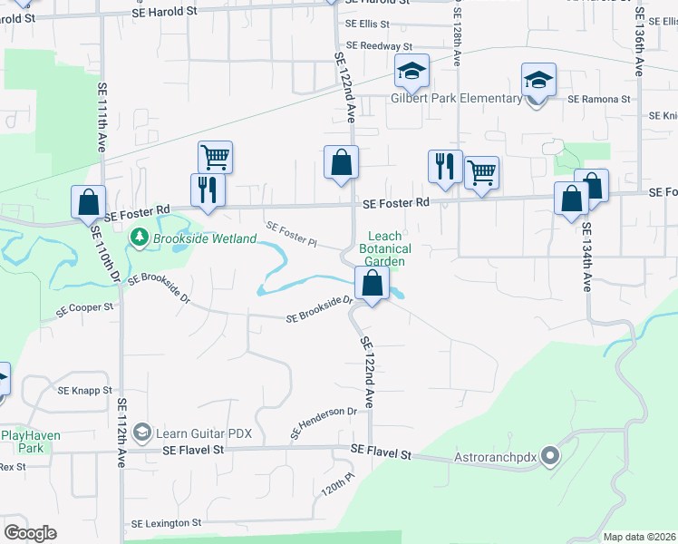 map of restaurants, bars, coffee shops, grocery stores, and more near 12127 Southeast Brookside Drive in Portland