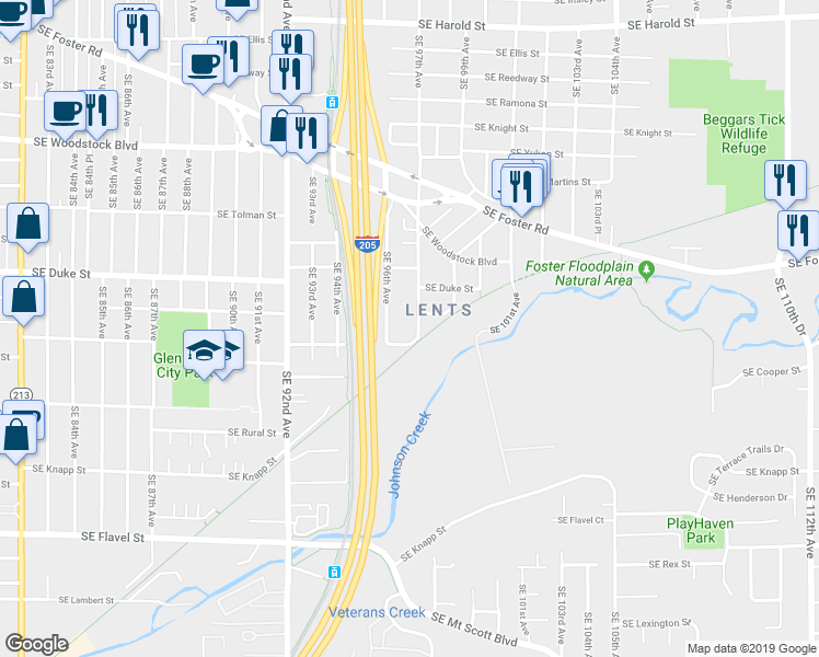 map of restaurants, bars, coffee shops, grocery stores, and more near 6641 Southeast 97th Avenue in Portland