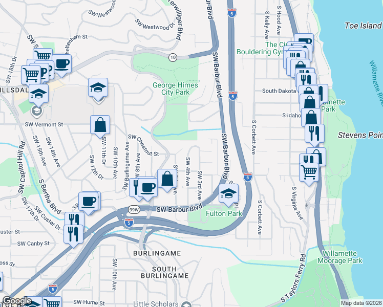 map of restaurants, bars, coffee shops, grocery stores, and more near 6924 Southwest 4th Avenue in Portland