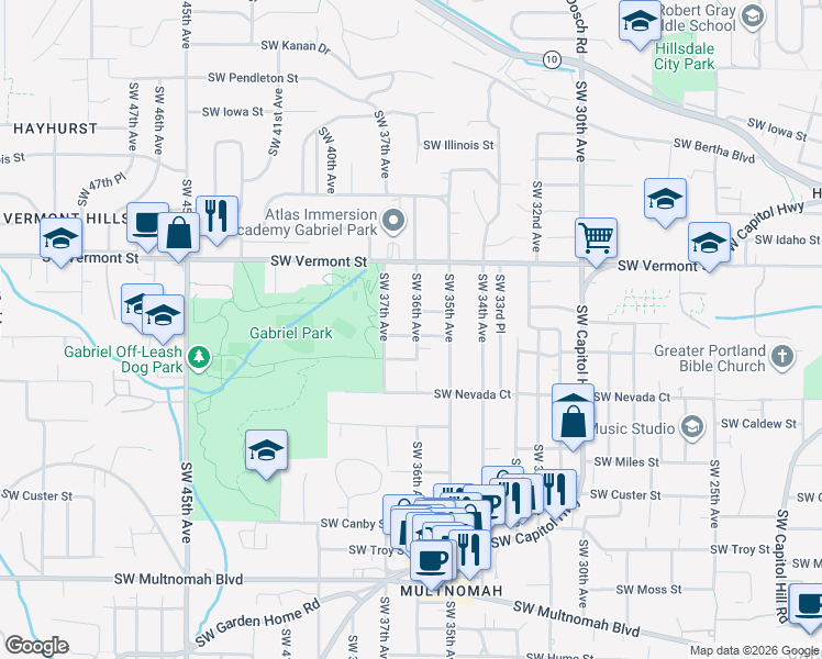 map of restaurants, bars, coffee shops, grocery stores, and more near 3632 Southwest Texas Street in Portland