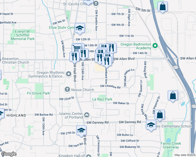 map of restaurants, bars, coffee shops, grocery stores, and more near 6369 Southwest Lombard Avenue in Beaverton