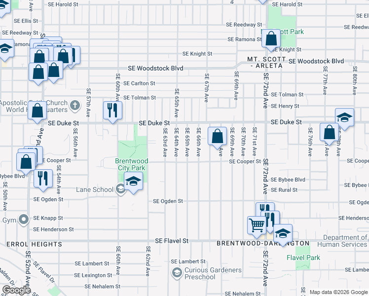 map of restaurants, bars, coffee shops, grocery stores, and more near 6647 Southeast 65th Avenue in Portland