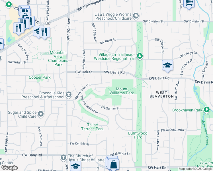 map of restaurants, bars, coffee shops, grocery stores, and more near 16420 Southwest Taft Court in Beaverton
