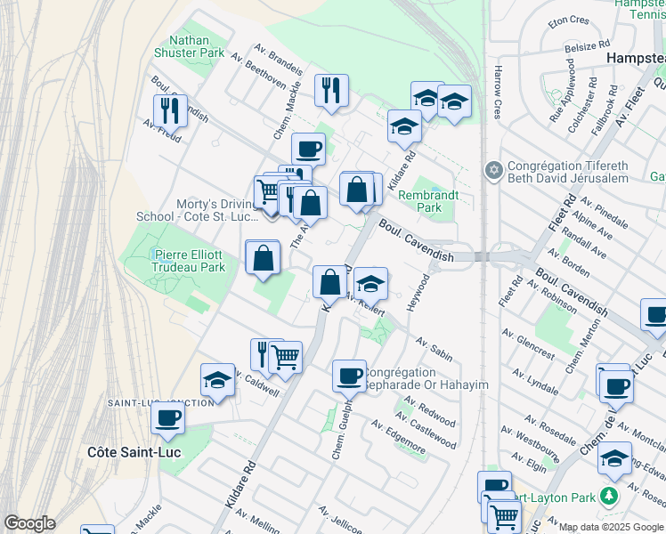 map of restaurants, bars, coffee shops, grocery stores, and more near 5761 Chemin Honoré de Balzac in Côte Saint-Luc
