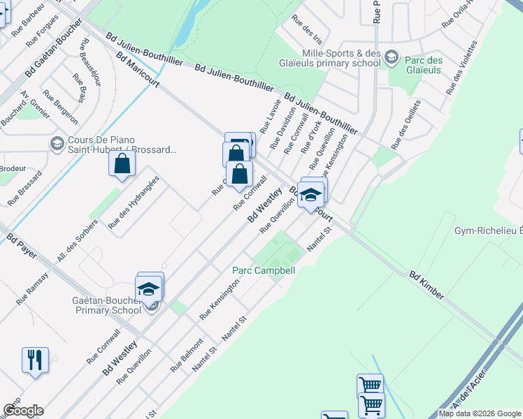 map of restaurants, bars, coffee shops, grocery stores, and more near 4125 Boulevard Westley in Longueuil