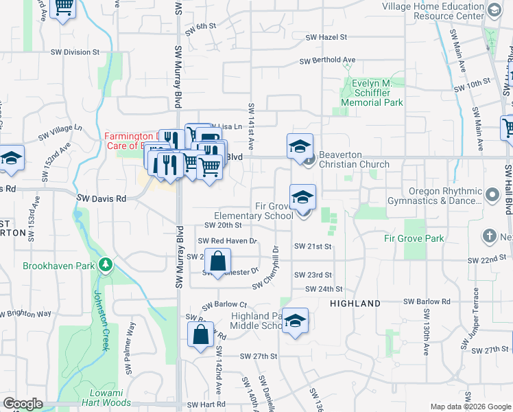 map of restaurants, bars, coffee shops, grocery stores, and more near 6335 Southwest Fisher Avenue in Beaverton