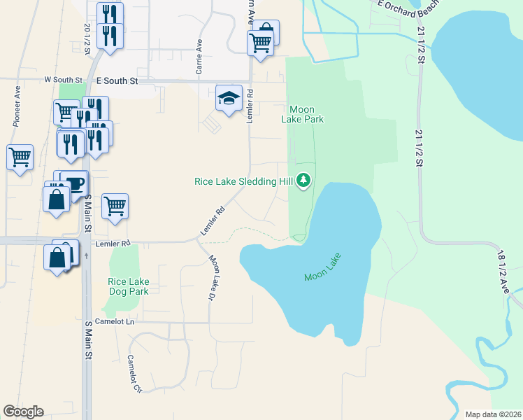 map of restaurants, bars, coffee shops, grocery stores, and more near Moon Lake Trail in Rice Lake