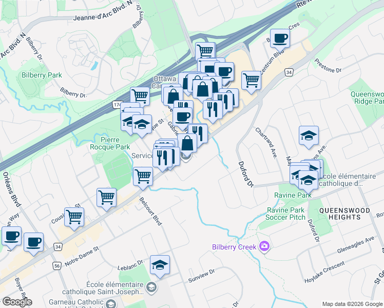 map of restaurants, bars, coffee shops, grocery stores, and more near 2888 Saint Joseph Boulevard in Ottawa