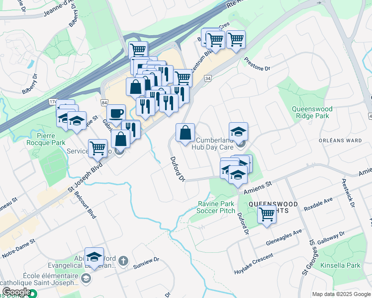 map of restaurants, bars, coffee shops, grocery stores, and more near 1387 Jamison Avenue in Ottawa