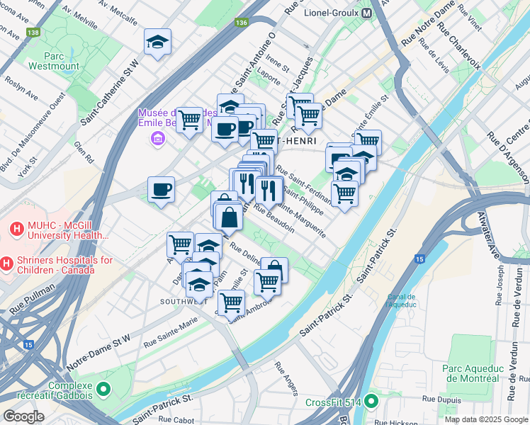 map of restaurants, bars, coffee shops, grocery stores, and more near 314 Rue Beaudoin in Montreal