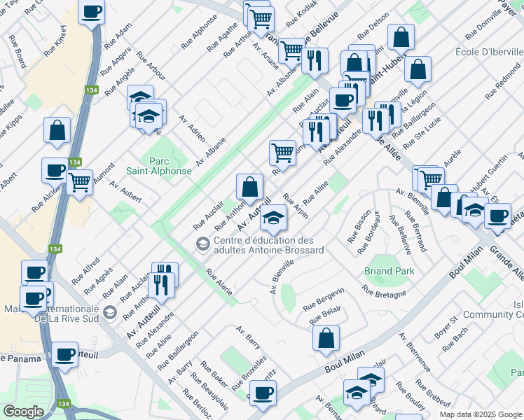 map of restaurants, bars, coffee shops, grocery stores, and more near 5748 Avenue Auteuil in Brossard