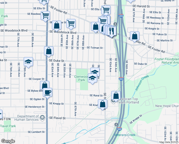 map of restaurants, bars, coffee shops, grocery stores, and more near 6612 Southeast 89th Avenue in Portland