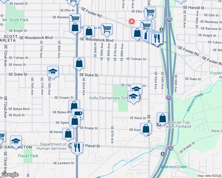 map of restaurants, bars, coffee shops, grocery stores, and more near 6637 Southeast 87th Avenue in Portland