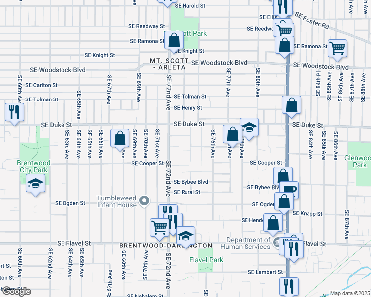 map of restaurants, bars, coffee shops, grocery stores, and more near 6727 Southeast 74th Avenue in Portland