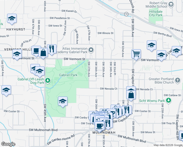map of restaurants, bars, coffee shops, grocery stores, and more near 3632 Southwest Texas Street in Portland
