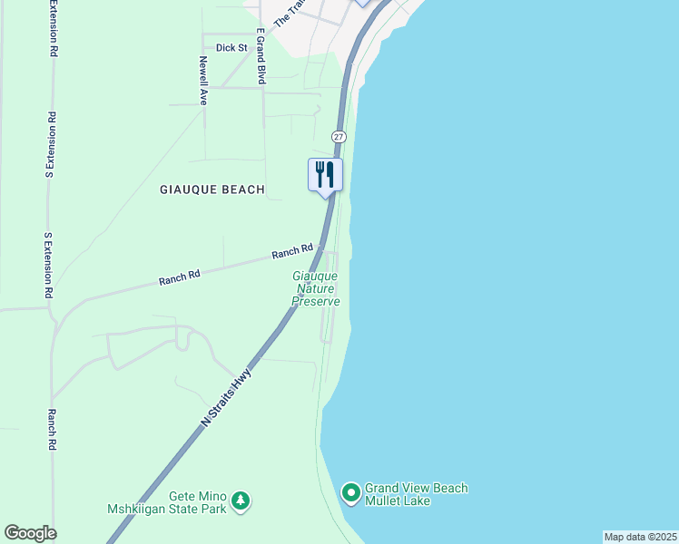 map of restaurants, bars, coffee shops, grocery stores, and more near 676 Giauque Beach Drive in Cheboygan