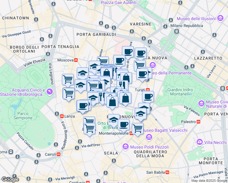 map of restaurants, bars, coffee shops, grocery stores, and more near 8 Via Cernaia in Milano