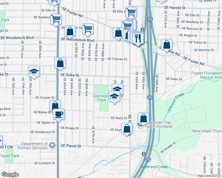 map of restaurants, bars, coffee shops, grocery stores, and more near 6612 Southeast 89th Avenue in Portland