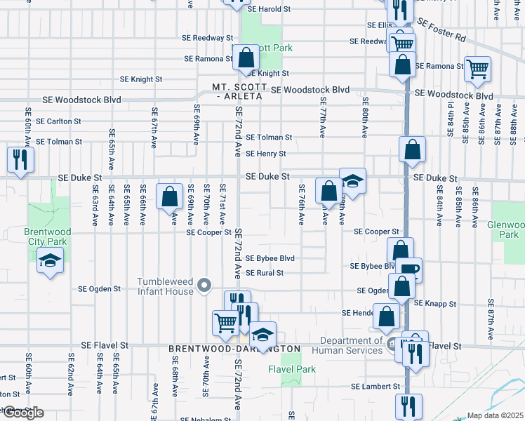 map of restaurants, bars, coffee shops, grocery stores, and more near 6727 Southeast 74th Avenue in Portland