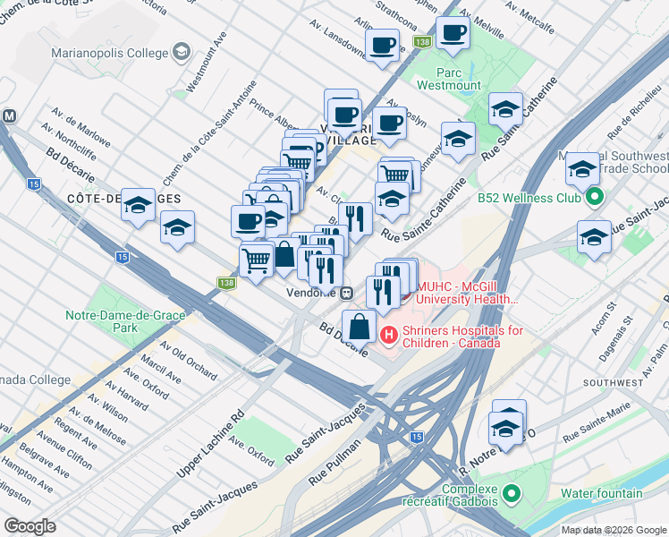 map of restaurants, bars, coffee shops, grocery stores, and more near 5153 Boulevard De Maisonneuve Ouest in Montreal