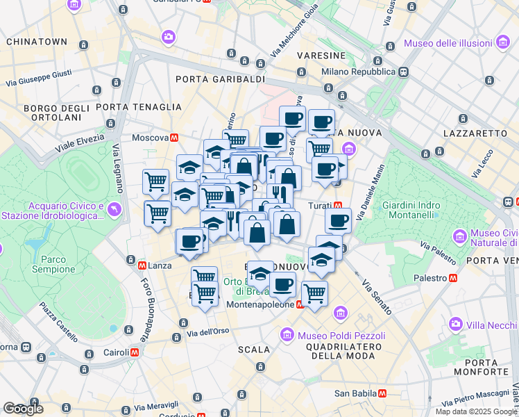 map of restaurants, bars, coffee shops, grocery stores, and more near 8 Via Cernaia in Milano