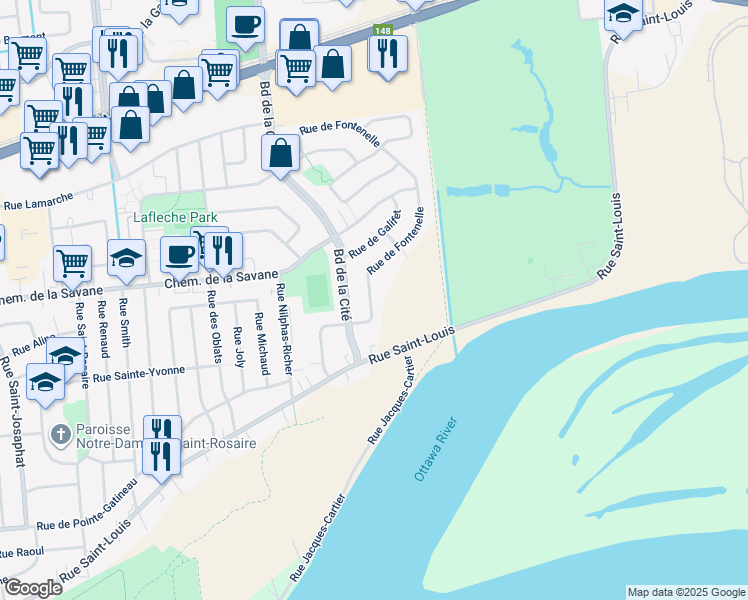 map of restaurants, bars, coffee shops, grocery stores, and more near 343 Rue de Fontenelle in Gatineau
