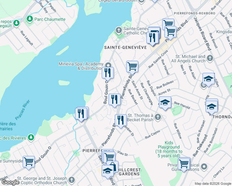 map of restaurants, bars, coffee shops, grocery stores, and more near 16587 Terrasse Richelieu in Montreal