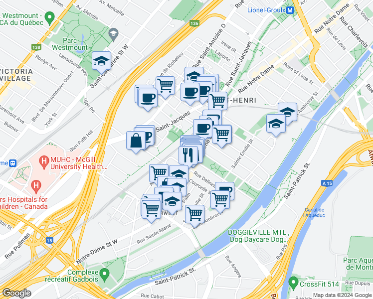 map of restaurants, bars, coffee shops, grocery stores, and more near 565 Rue Thérien in Montréal