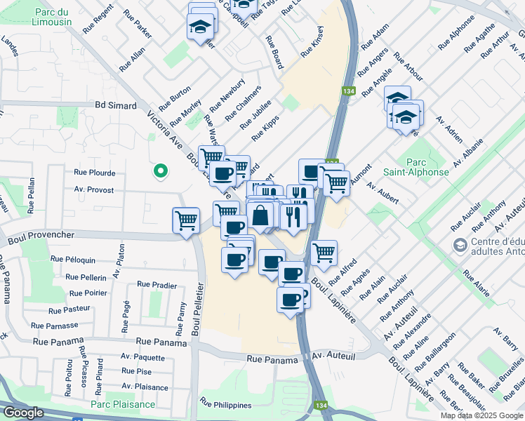 map of restaurants, bars, coffee shops, grocery stores, and more near 2210 Boulevard Lapinière in Brossard