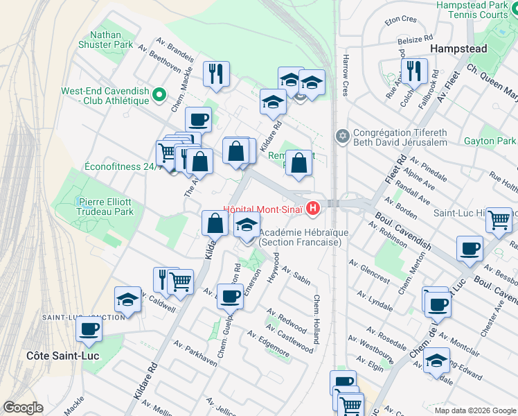 map of restaurants, bars, coffee shops, grocery stores, and more near 6785 Korczak Crescent in Côte Saint-Luc