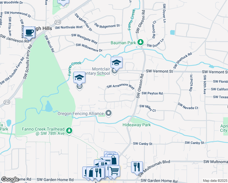 map of restaurants, bars, coffee shops, grocery stores, and more near 7185 Southwest Chapel Lane in Portland