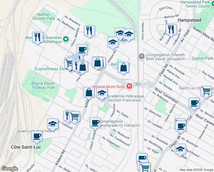 map of restaurants, bars, coffee shops, grocery stores, and more near 6785 Korczak Crescent in Côte Saint-Luc