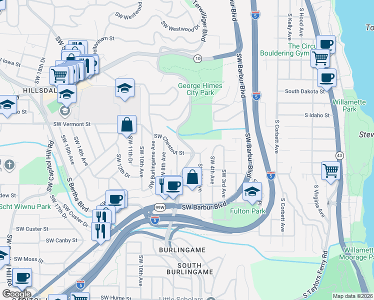 map of restaurants, bars, coffee shops, grocery stores, and more near 608 Southwest Chestnut Street in Portland
