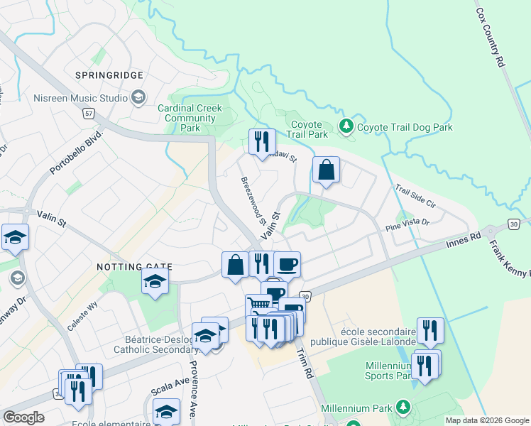 map of restaurants, bars, coffee shops, grocery stores, and more near 2009 Breezewood Street in Ottawa