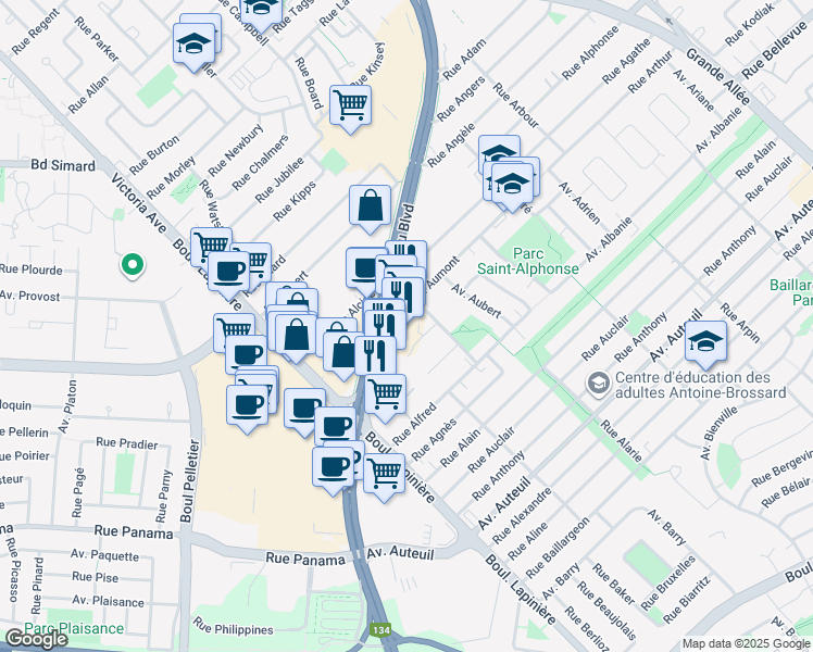 map of restaurants, bars, coffee shops, grocery stores, and more near in Brossard