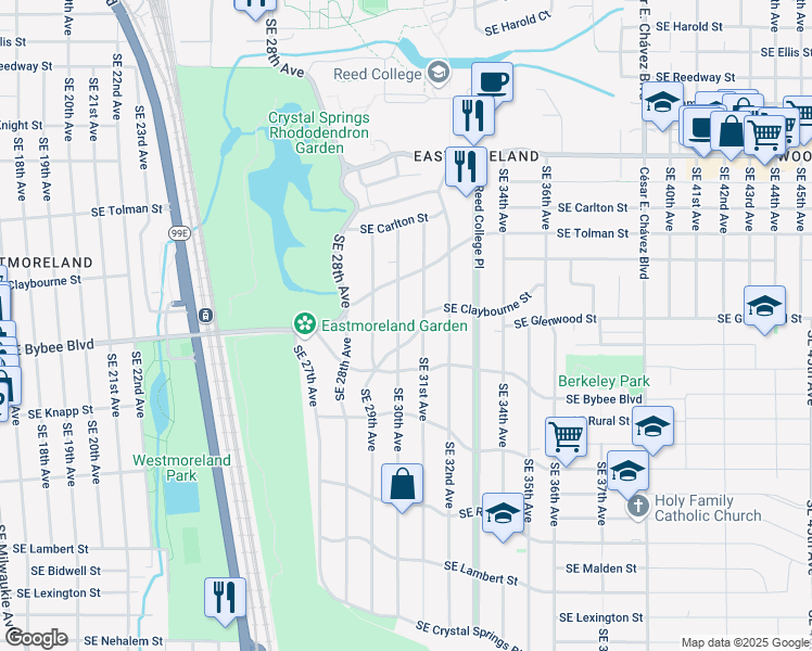 map of restaurants, bars, coffee shops, grocery stores, and more near 2937 Southeast Claybourne Street in Portland