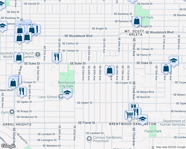 map of restaurants, bars, coffee shops, grocery stores, and more near 6639 Southeast 65th Avenue in Portland