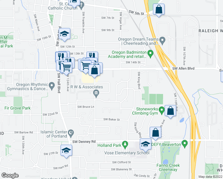 map of restaurants, bars, coffee shops, grocery stores, and more near 11806 Southwest Iron Horse Lane in Beaverton