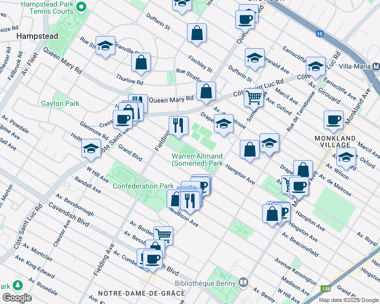 map of restaurants, bars, coffee shops, grocery stores, and more near 4800 Avenue de Hampton in Montréal