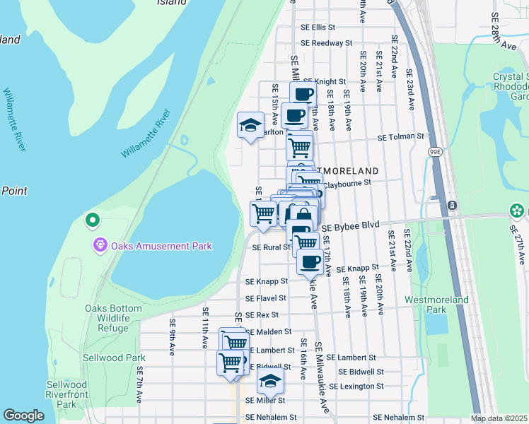 map of restaurants, bars, coffee shops, grocery stores, and more near 6631 Southeast 14th Avenue in Portland