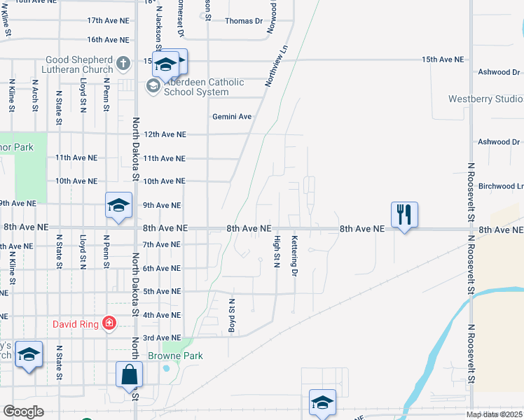 map of restaurants, bars, coffee shops, grocery stores, and more near 813 N High St in Aberdeen