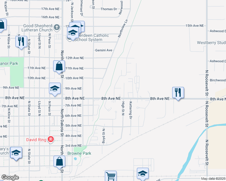 map of restaurants, bars, coffee shops, grocery stores, and more near 813 N High St in Aberdeen