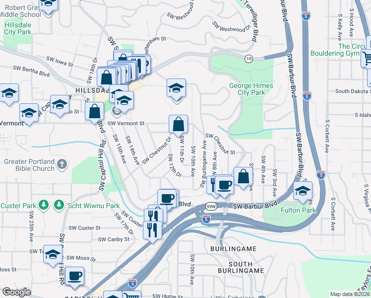 map of restaurants, bars, coffee shops, grocery stores, and more near 6900 Southwest 11th Drive in Portland