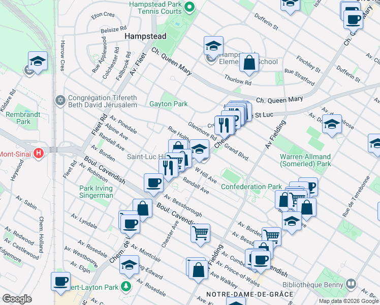 map of restaurants, bars, coffee shops, grocery stores, and more near 6 Rue Briardale in Hampstead