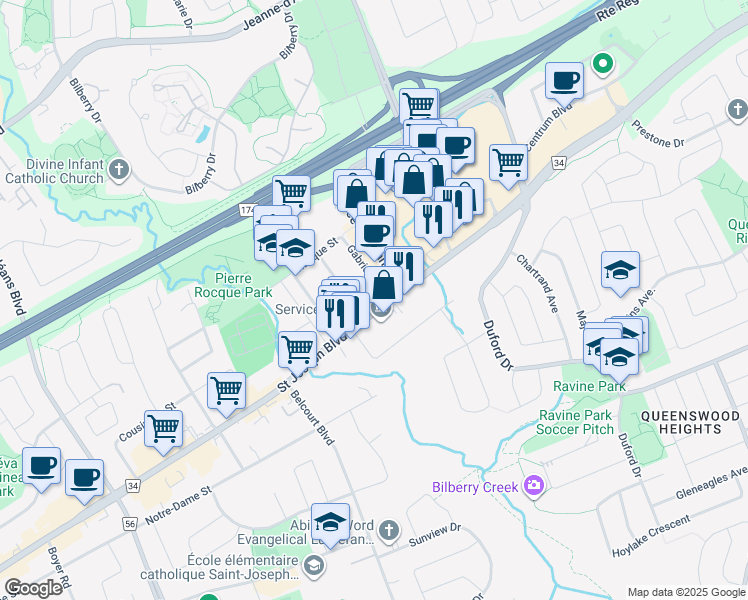 map of restaurants, bars, coffee shops, grocery stores, and more near 2864 Saint Joseph Boulevard in Ottawa