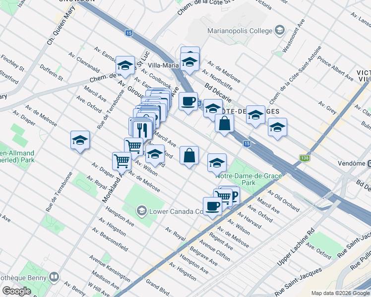 map of restaurants, bars, coffee shops, grocery stores, and more near 4083 Avenue Marcil in Montréal