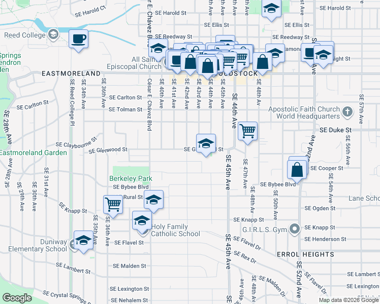 map of restaurants, bars, coffee shops, grocery stores, and more near 4212 Southeast Glenwood Street in Portland