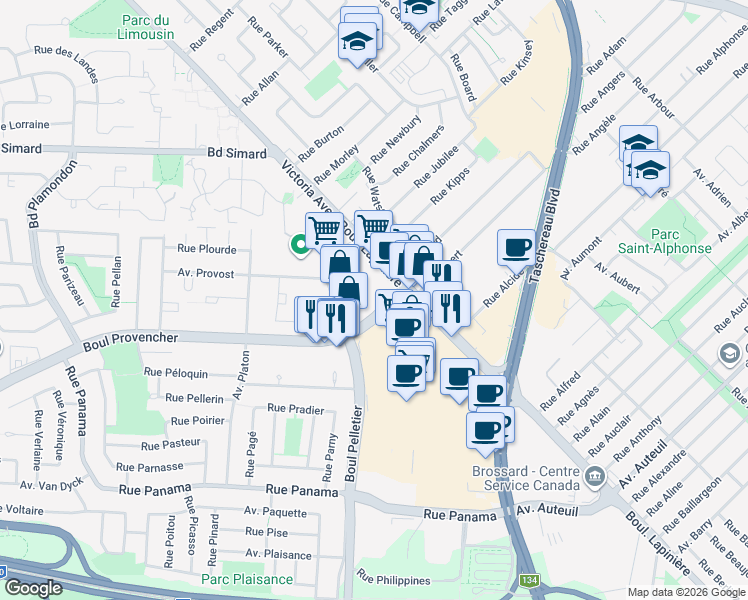 map of restaurants, bars, coffee shops, grocery stores, and more near 1 Place du Commerce in Brossard
